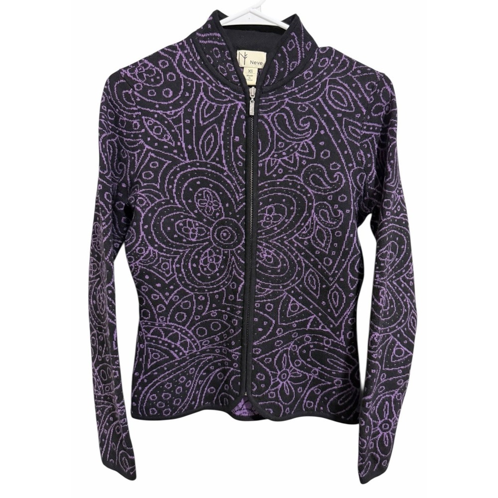 Neve Purple/Black Paisley Floral Full Zip Wool‎ Cardigan Sweater Women's Size XS